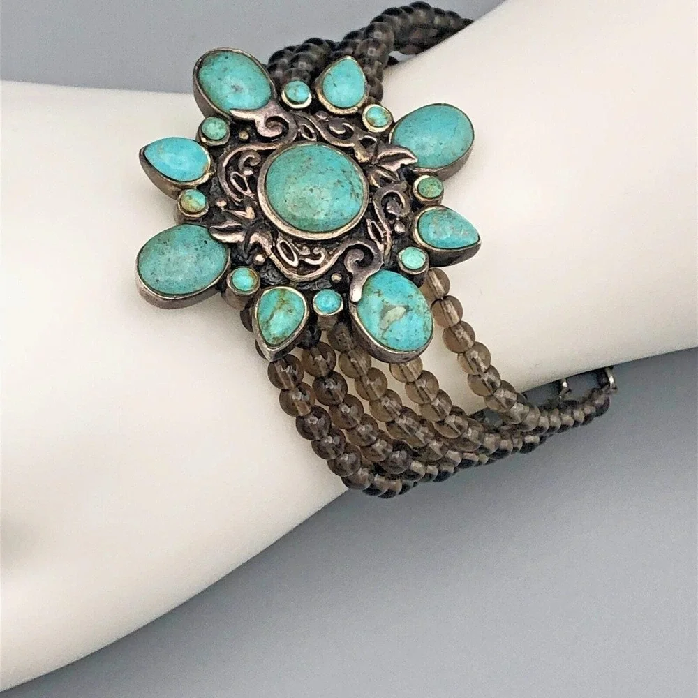 Barse Sterling Silver Turquoise Bracelet Beaded Smoky Quartz 7.5